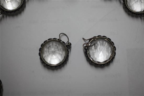 A mid to late 19th century silver and rock crystal drop necklace and pair of matching earrings, 40cm.
